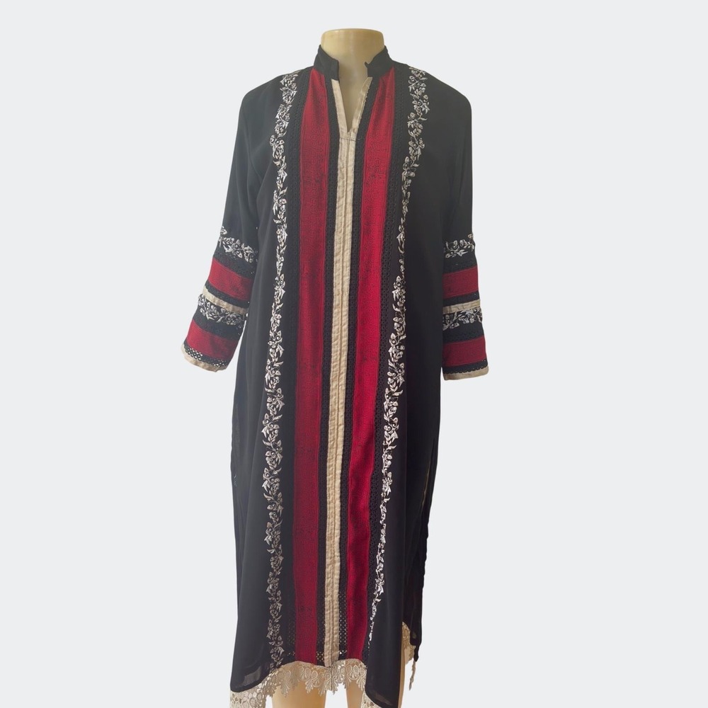 Pakistani Kurti Tunic Dress Black Red Embroidered Beaded Lace Hem Boho Ethnic Wn